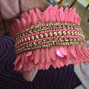 Artsy Pink Beaded Feather-Style Cuff Bracelet